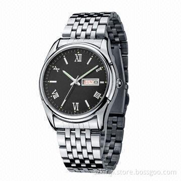 Watch, stainless steel case, Japan movement, with date and day display, folded stainless steel band